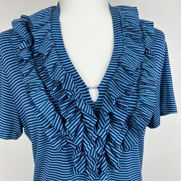 Soft Surroundings Blouse Women Medium Blue Striped Ruffle Collar Short Sleeve - Picture 7 of 13